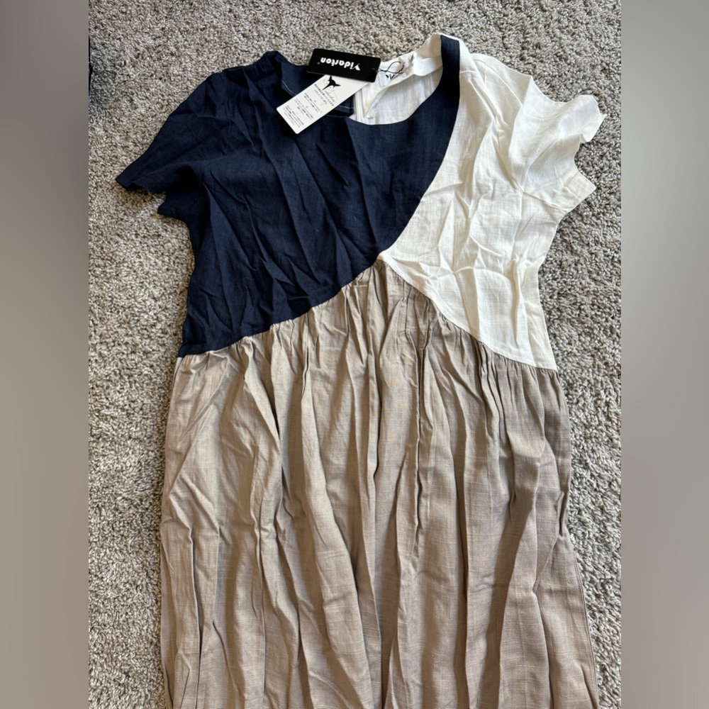 Yidarton Colorblock Dress in Blue, White, and Tan